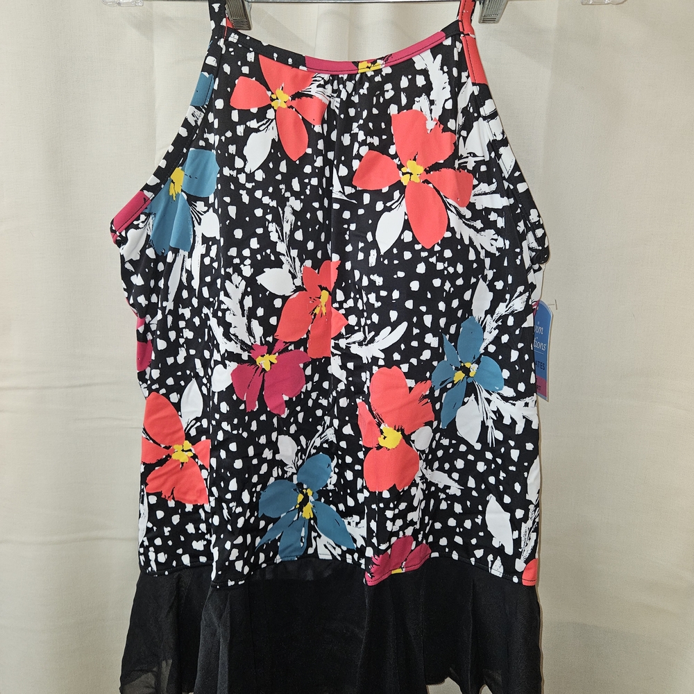Swim Solutions Black Swim Tankini Top with Pink & Blue Floral Accents